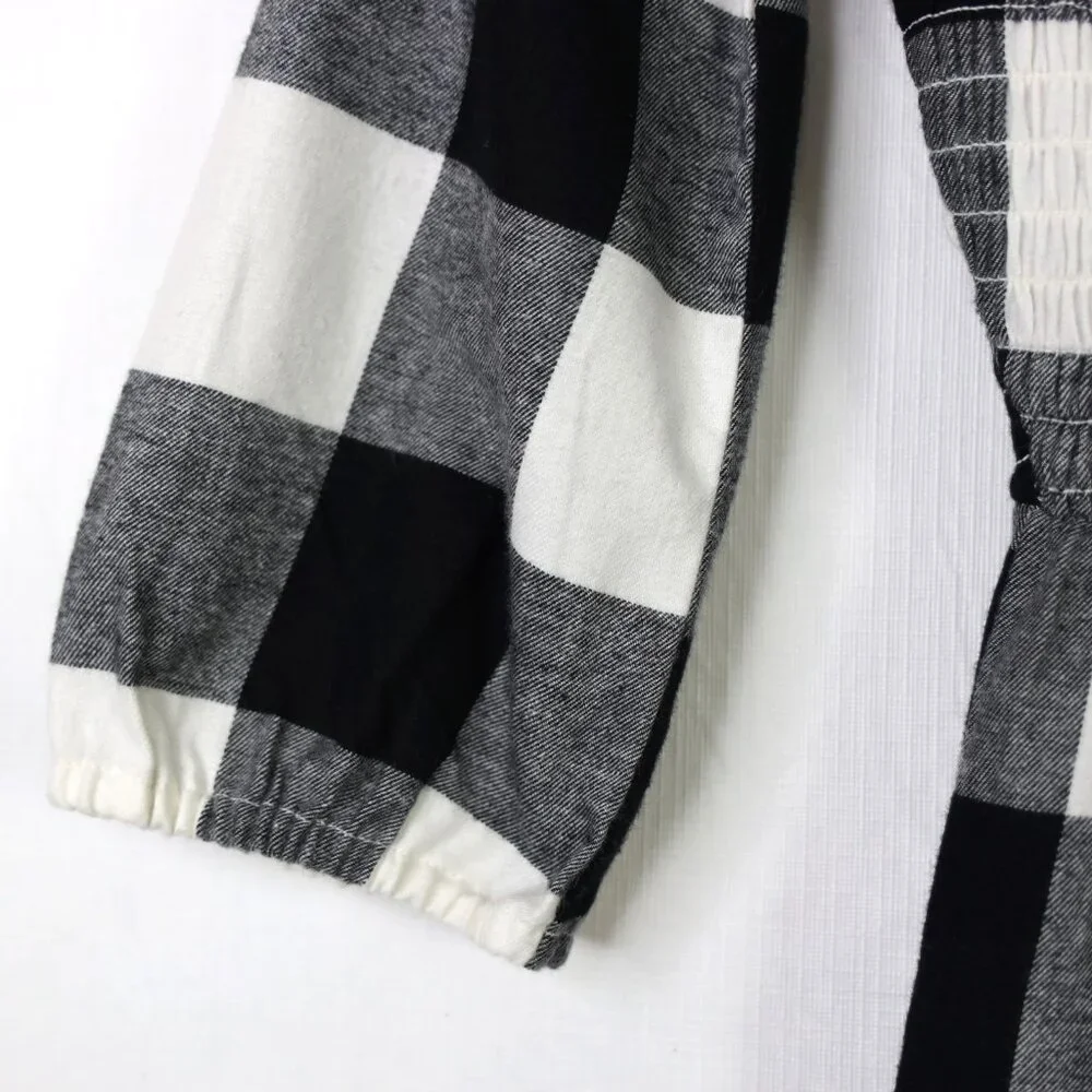 Old Navy Black White Plaid Flannel Smocked Long Sleeve Dress Girls‎ XL 14 16